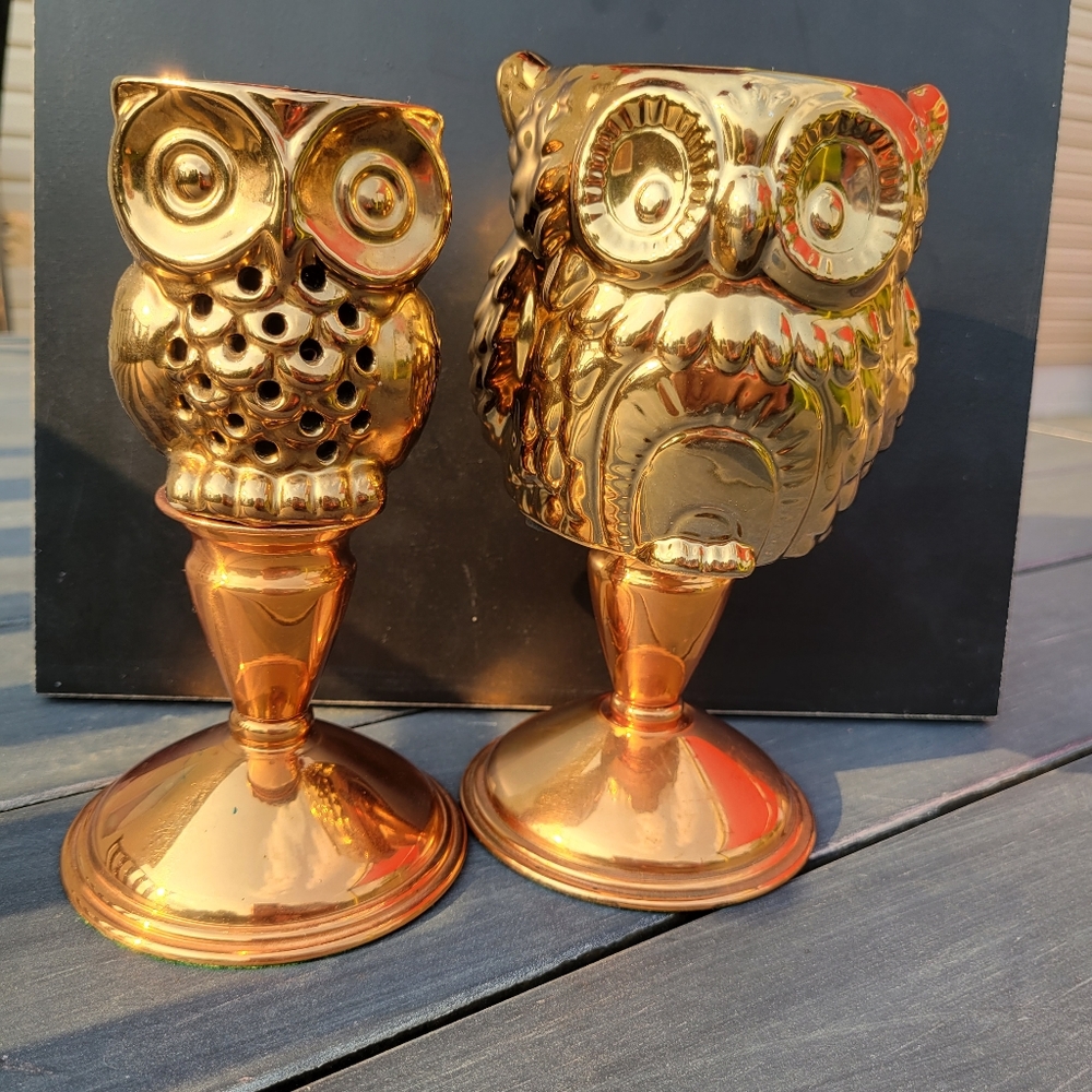 Pair of Metallic Owls ~ Décor ~ Candle ~ Halloween ~ Pretty!